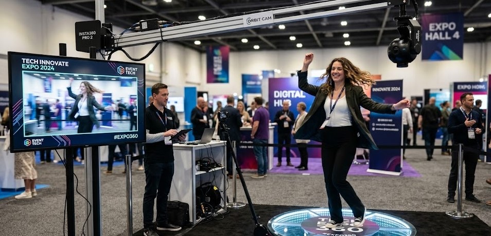 360-degree video booth with slow-motion camera arm capturing a guest
