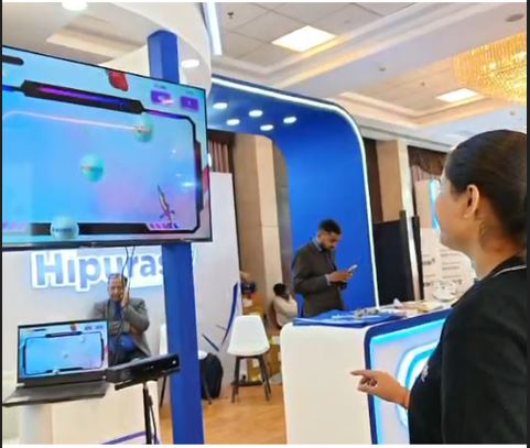 AR hand-tracking game played with gesture controls at an exhibition