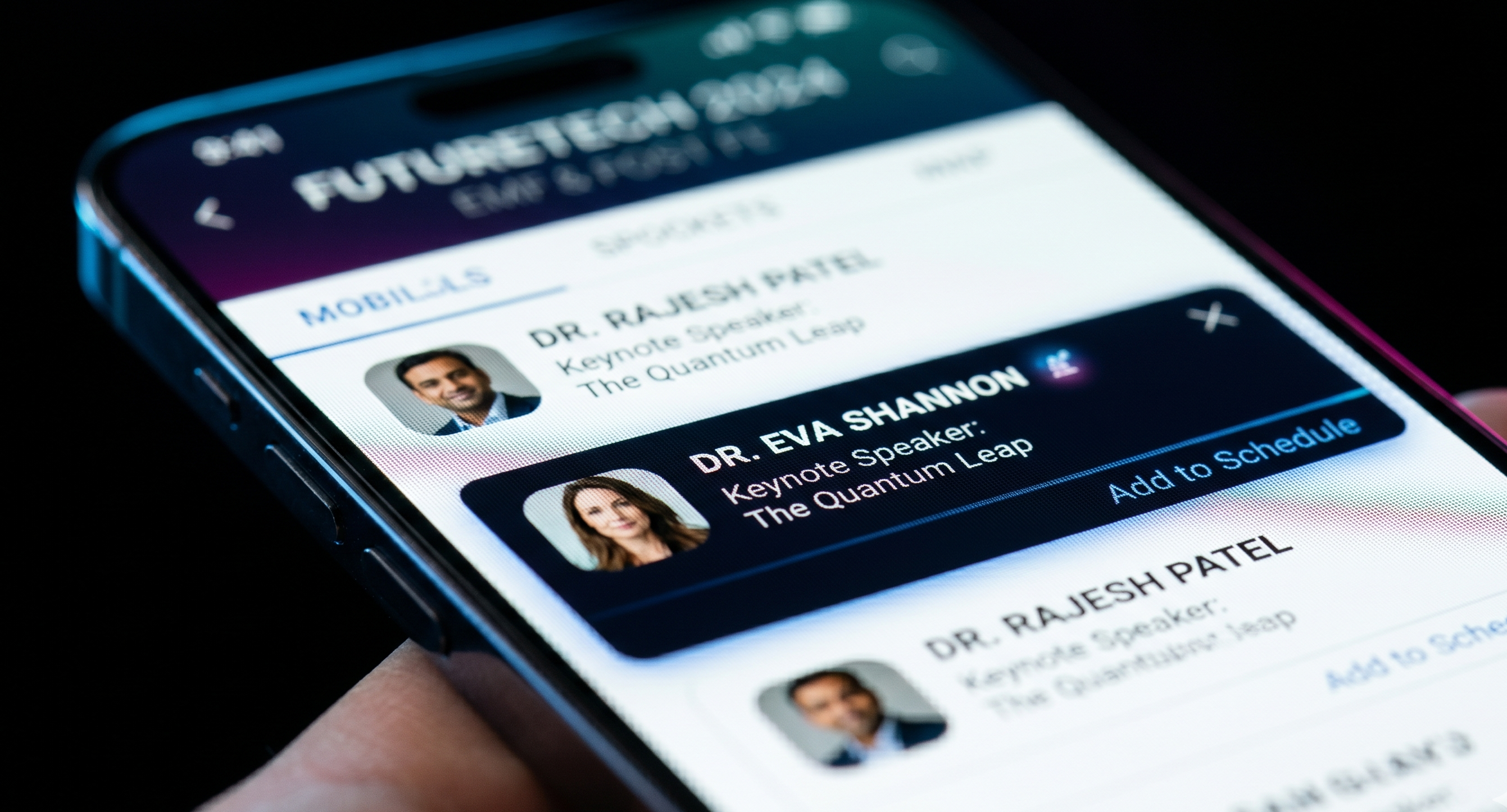 Event companion PWA showing agenda, speaker bios and venue map on a phone