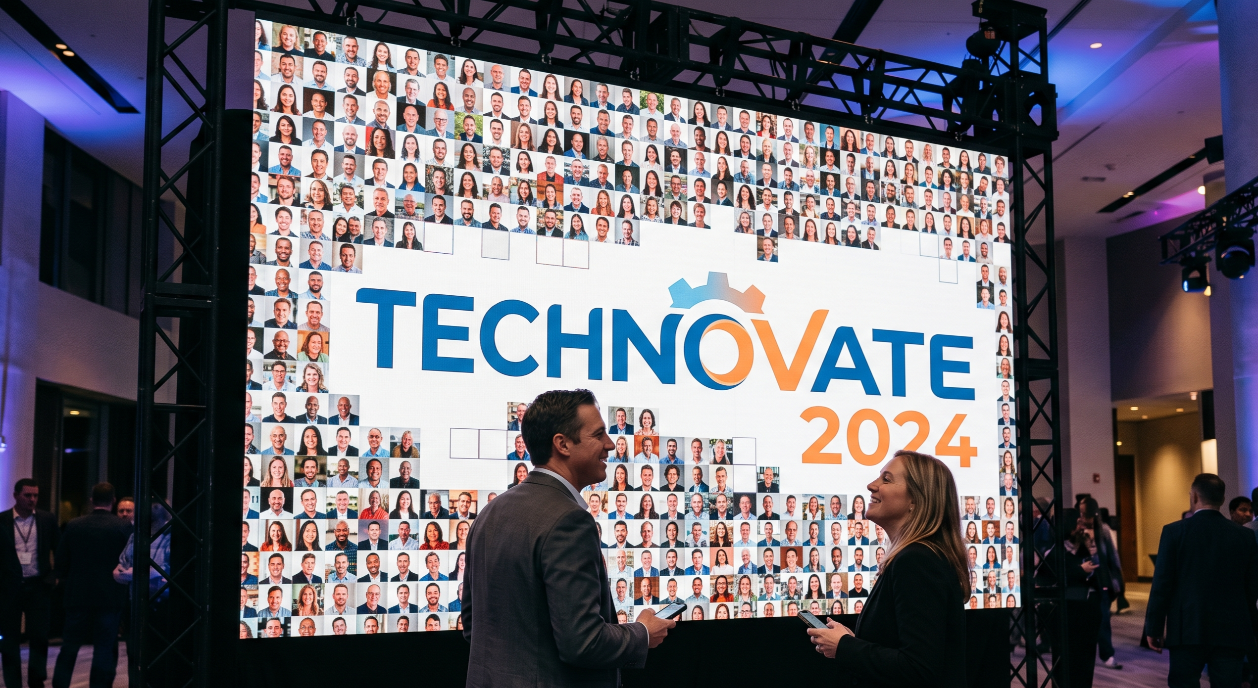 Live photo mosaic wall assembling attendee photos into a branded image on an LED screen